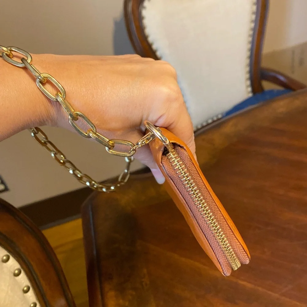 Tory Burch Orange Leather Logo Chain Clutch
